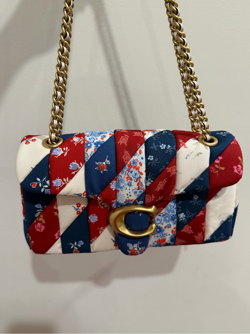 Coach Quilted Floral Stripe Shoulder Bag in Red, Navy & Cream